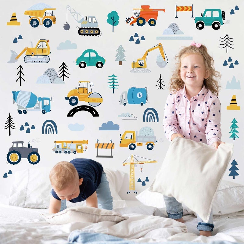 CharmFlo Construction Vehicles Wall Decals - 90Pcs (6 Sheets) Peel & Stick Removable Wall Stickers for Boys Room, Nursery, Playroom - Trucks, Excavator, Crane Theme Boho Kids Bedroom Decor, Easy DIY - Image 3